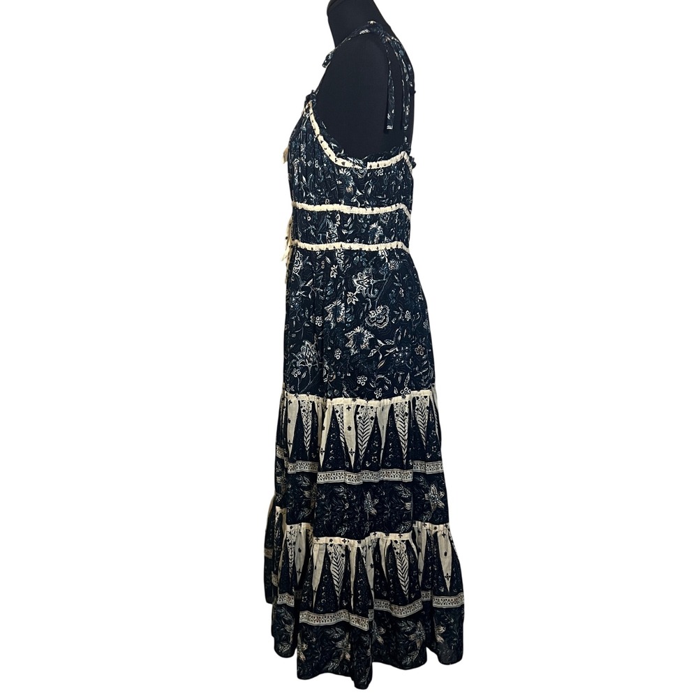 Christian Lacroix Tiered Floral Midi Dress in Cream and Navy, Womens Size Medium - Picture 5 of 15